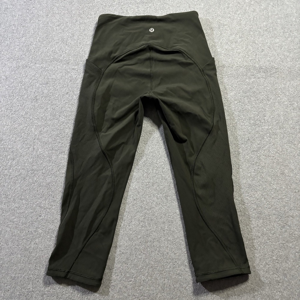 Lululemon High Rise 19" Crop Leggings Dark Olive Green Multi Pocket Workout Sz 2